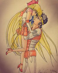 Rule 34 | 1boy, 1girl, aino minako, armor, bishoujo senshi sailor moon, blonde hair, blue eyes, blue hair, bow, breasts, crossover, gloves, grin, hair ribbon, happy, headband, high heels, highres, holding, hug, legs, leotard, lifting another&#039;s clothes, long hair, orange skirt, ribbon, ronin warriors, sailor collar, sailor shirt, sailor venus, shirt, shue rei fuan, skirt, smile, sunrise (company), yoroiden samurai troopers