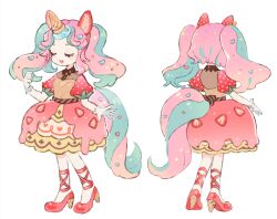 1girl animal_ears aqua_hair back_bow bow brown_shirt closed_eyes collared_shirt facing_away facing_viewer fake_animal_ears fake_horns food food-themed_clothes food-themed_hair_ornament food_print fruit fruit_print full_body gloves hair_ornament hand_up heart heart_hair_ornament horns horse_tail ice_cream_cone multicolored_hair multicolored_skirt multiple_views open_mouth original parted_bangs pink_hair pink_skirt puffy_short_sleeves puffy_sleeves red_footwear reference_sheet shirt shoes short_sleeves simple_background skirt smile sorata123 standing strawberry strawberry_print strawberry_slice tail tail_ornament twintails two-tone_hair unicorn_girl unicorn_horn white_background white_gloves