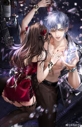 1boy 1girl abs absurdres alcohol back_ribbon bar_(place) bare_arms bare_pectorals bare_shoulders belt belt_buckle black_belt black_thighhighs bottle bow bracelet brown_hair brown_pants buckle buttons collared_jacket cowboy_shot cross-laced_clothes cross-laced_dress cup dress dress_pants drinking_glass electric_guitar fingernails fishnet_thighhighs fishnets from_behind gold_buckle grey_hair grey_jacket guitar hair_between_eyes hair_ornament hand_on_another&#039;s_ass heart heart_hair_ornament hetero highres holding holding_cup indoors instrument jacket jewelry kneeling lapels light_particles ling_xiao long_hair long_sleeves love_and_producer nail_polish nipples notched_lapels on_chair open_clothes open_jacket open_mouth outstretched_hand pale_skin pants parted_bangs pectorals pouring_onto_another protagonist_(love_and_producer) red_dress red_nails ribbed_thighhighs ribbon ring short_hair sitting sitting_on_lap sitting_on_person sleeveless sleeveless_dress smile spaghetti_strap sparkle strap thick_eyebrows thigh_belt thigh_strap thighhighs toned toned_male watermark weibo_watermark wine wine_bottle wine_glass wrist_bow ye_dian_pikaqiu yellow_bow yellow_eyes yellow_ribbon