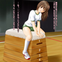 Rule 34 | 1girl, blush, brown eyes, brown hair, buruma, collarbone, female focus, from side, green buruma, gym, gym shirt, gym uniform, hair between eyes, head tilt, kneehighs, leaning forward, legs apart, long hair, looking at viewer, multicolored shoes, nikkeru suiso, open mouth, original, panties, panties under buruma, panty peek, shirt, shoes, short sleeves, sitting, sitting on object, smile, sneakers, socks, solo, text focus, translation request, underwear, underwear peek, vaulting horse, white panties, white shirt, white shoes, white socks, wooden floor