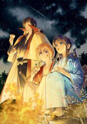 1girl 2boys absurdres alcohol black_hair blue_eyes blue_kimono blue_ribbon bottle campfire choko_(cup) closed_eyes coat coat_on_shoulders commentary_request cross_scar cup facial_scar fire floral_print floral_print_kimono full_body hair_between_eyes hair_ribbon hakama hakama_pants high_ponytail highres hiko_seijuurou himura_kenshin holding japanese_clothes kamiya_kaoru katana kimono long_hair long_sleeves low_ponytail multiple_boys natsu_mikan_(level9) night night_sky open_mouth orange_hair outdoors pants ponytail print_kimono purple_eyes ribbon rurouni_kenshin sake sake_bottle sandals scar scar_on_cheek scar_on_face sheath sheathed shooting_star sidelocks sitting sky smile socks standing star_(sky) starry_sky sword tree weapon white_hakama white_socks wide_sleeves