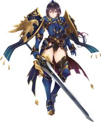 1girl adelaide_(sennen_sensou_aigis) armor artist_request bad_source blue_eyes breasts brown_hair full_body game_cg groin hair_between_eyes holding holding_sword holding_weapon knee_armor metal_gloves official_art sennen_sensou_aigis shoulder_armor solo sword thighs third-party_source transparent_background weapon
