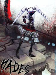 1girl android commentary_request drill_hair frilled_skirt frills full_body highres holding holding_scythe looking_at_viewer no_mouth original red_eyes science_fiction scythe skirt solo taitannsouru twin_drills