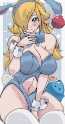 1girl animal_ears blonde_hair blue_background blue_bow blue_bowtie blue_eyes blue_leotard blue_nails blush boo_(mario) bow bowtie breasts character_print cleavage clothing_cutout detached_collar earrings embarrassed fake_animal_ears fake_tail goomba hair_over_one_eye hand_on_own_chest jewelry kinakomochi_(user_vedc2333) large_breasts leotard long_hair looking_at_viewer luma_(mario) mario_(series) mismatched_earrings mushroom_earrings navel navel_cutout nintendo open_mouth playboy_bunny print_wrist_cuffs rabbit_ears rabbit_tail rosalina sitting sparkle star_(symbol) star_bit star_earrings star_print super_mario_galaxy super_mushroom super_star_(mario) sweat tail white_background wrist_cuffs