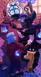 1boy 1girl :o absurdres black_gloves blue_fire blue_hair blunt_bangs book chandelure commentary_request ffccll fire gen_2_pokemon gen_5_pokemon girafarig glasses gloves highres holding holding_book holding_pen indoors jacket long_sleeves lucian_(pokemon) nintendo pants paper parted_lips pen pokemon pokemon_(creature) pokemon_bw pokemon_dppt purple_hair red_jacket round_eyewear shauntal_(pokemon) smile window