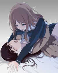 2girls absurdres bang_dream! bang_dream!_it&#039;s_mygo!!!!! bed blush brown_hair closed_eyes da_ge_xiao_xian hanasakigawa_school_uniform highres hug humping long_hair multiple_girls nagasaki_soyo open_mouth school_uniform shiina_taki skirt tears tsukinomori_school_uniform yuri