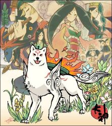 amaterasu_(ookami) beard black_hair blonde_hair breasts character_request cleavage facial_hair flower himiko_(ookami) holding holding_instrument holding_sword holding_weapon instrument issun japanese_clothes kushinada_(ookami) lowres masato_(oal) multiple_boys multiple_girls ookami_(game) sakuya_(ookami) susanoo_(ookami) sword ushiwakamaru_(ookami) weapon wolf yellow_flower