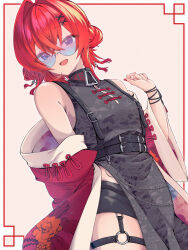 Rule 34 | 1girl, :d, ange katrina, ange katrina (7th costume), armpit crease, ayuko ammobium, bare shoulders, belt, black belt, black dress, black shorts, blue-tinted eyewear, blue eyes, blush, border, breasts, chain, commentary request, cowboy shot, crossed bangs, double bun, dress, dutch angle, floral print, floral print dress, floral print jacket, gradient-tinted eyewear, hair between eyes, hair bun, hair intakes, hair ornament, hand up, highres, jacket, jacket partially removed, looking at viewer, multiple belts, nail polish, nijisanji, o-ring, o-ring thigh strap, open mouth, outside border, pink-tinted eyewear, pink background, print dress, print jacket, red border, red hair, red jacket, red nails, rimless eyewear, round eyewear, short shorts, shorts, side slit, simple background, sleeveless, sleeveless dress, small breasts, smile, solo, string around wrist, tassel, tassel hair ornament, thigh strap, tinted eyewear, variant set, virtual youtuber, x hair ornament