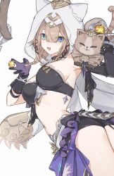 1girl absurdres aqua_eyes ass awe_(adorableduckyy) bare_shoulders black_bra black_shorts blue_eyes bra breasts brown_hair can_(honkai_impact) cat cat_tail cowboy_shot hair_between_eyes heterochromia highres holding honkai_(series) honkai_impact_3rd large_breasts looking_at_viewer navel open_mouth pardofelis short_hair short_shorts shorts simple_background smile solo stomach tail twisted_torso underwear white_background white_hood