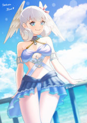 1girl beach blue_eyes braid breasts crown_braid curly_hair head_wings hey_cre highres long_hair looking_at_viewer medium_breasts melia_antiqua navel silver_hair simple_background skirt smile solo swimsuit wings xenoblade_chronicles_(series) xenoblade_chronicles_1