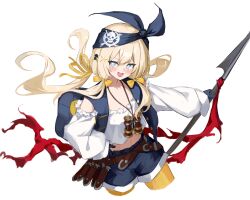 1girl bandana belt belt_buckle binoculars blonde_hair blue_eyes blue_gloves blue_shorts blush bow breasts buckle collarbone commentary_request crop_top deep-sea_scout_(shadowverse) gloves hair_between_eyes hair_bow hair_ribbon highres holding holding_polearm holding_weapon knife_sheath long_hair looking_at_viewer low_ponytail midriff navel open_mouth outstretched_arms pantyhose pirate polearm ponytail puffy_sleeves ribbon shadowverse sheath shiro_wa_(shiroshironix) shirt shorts simple_background sketch skull small_breasts smile solo standing weapon white_background white_shirt yellow_bow yellow_pantyhose yellow_ribbon