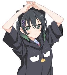 1girl arms_up badtz-maru black_hair black_hoodie blush collared_shirt commentary_request gradient_hair green_eyes green_hair hair_between_eyes hair_ornament hairclip highres hood hoodie looking_at_viewer love_live! love_live!_nijigasaki_high_school_idol_club multicolored_hair ogi_(sham00) sanrio shirt sidelocks simple_background solo takasaki_yu twintails upper_body white_background
