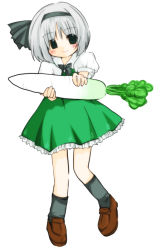 1girl black_eyes blush brown_shoes daikon female_focus full_body futami_yayoi green_skirt hairband horns konpaku_youmu looking_at_viewer puffy_short_sleeves puffy_sleeves radish shoes short_hair short_sleeves silver_hair simple_background skirt socks solo standing touhou white_background