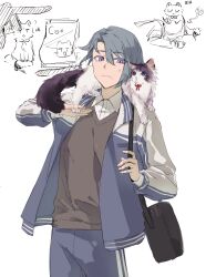 1boy absurdres alternate_costume animal animal_on_shoulder animalization bag blue_hair blue_jacket blue_pants brown_vest cat chinese_commentary closed_mouth collared_jacket collared_shirt contemporary couple genshin_impact hair_between_eyes highres index_finger_raised jacket kamisato_ayato long_sleeves looking_down looking_to_the_side mole mole_under_mouth open_clothes open_jacket pants person_and_animalization purple_eyes raiden_shogun shade shirt shoulder_bag simple_background sketch standing sweatdrop vest white_background zai_aoye_wo_shi_gou