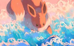 animal_focus beanynne brown_eyes commentary eevee english_commentary evolution_stone evolutionary_stone gen_1_pokemon looking_down nintendo no_humans pokemon pokemon_(creature) shadow solo water water_stone