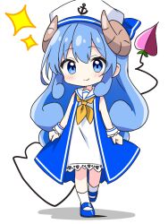 Rule 34 | 1girl, ahoge, alternate color, blue eyes, blue hair, blue shoes, blush, closed mouth, commentary request, dress, full body, highres, kotatsu-mazoku, lilith (machikado mazoku), lilith (machikado mazoku) (homunculus), long hair, looking at viewer, machikado mazoku, neckerchief, sailor collar, shoes, sidelocks, simple background, smile, socks, solo, standing, white background, white dress, white sailor collar, white socks, yellow neckerchief