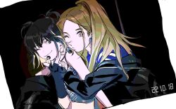 2girls animification black_gloves black_hair black_jacket blonde_hair blue_choker blue_shirt brown_eyes brown_hair choker cropped_shirt dated earpiece earrings fingerless_gloves gloves grey_eyes hair_behind_ear highres hug huh_yun-jin jacket jewelry k_k_2443 kim_chae-won le_sserafim long_hair multicolored_hair multiple_girls off_shoulder one_eye_closed parted_hair ponytail puckered_lips real_life shirt streaked_hair two_side_up