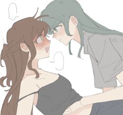 2girls @_@ aqua_hair bang_dream! black_camisole blush breasts brown_hair camisole chara_tomato52 closed_mouth ear_blush green_eyes grey_shirt half_updo hand_under_clothes highres hikawa_sayo imai_lisa long_hair medium_breasts multiple_girls open_mouth shirt short_sleeves sidelocks simple_background strap_slip sweatdrop white_background yuri