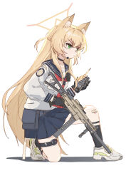 absurdres animal_ears blonde_hair blue_archive green_eyes gun h&amp;k_ump headphones highres kurumi_(blue_archive) long_hair sailor sao7 school_uniform submachine_gun walkie-talkie weapon