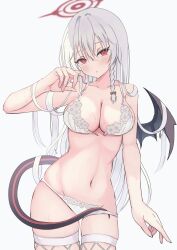 1girl absurdres bare_shoulders black_wings blue_archive bra braid breasts cleavage collarbone demon_tail demon_wings fishnet_thighhighs fishnets floral_print_bra floral_print_panties front-hook_bra grey_hair halo haruna_(blue_archive) highres lace lace-trimmed_bra lace-trimmed_panties lace_trim lingerie long_hair medium_breasts panties piercing red_eyes red_halo side_braid simple_background single_wing solo tail thighhighs underwear underwear_only unfastened white_bra white_panties wing_piercing wings yukimurayura