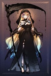 1girl ;) black_bow black_dress black_veil blonde_hair blue_eyes bow breasts chain commission commissioner_upload cross-shaped_pupils dress earrings full_body gradient_hair hair_ornament high_heels highres hogara holding holding_scythe indie_virtual_youtuber jewelry long_hair looking_at_viewer medium_breasts multicolored_hair multiple_views necklace non-web_source one_eye_closed pointy_ears scythe see-through_clothes smile symbol-shaped_pupils teeth veil very_long_hair virtual_youtuber weapon zeta_(vtuber)