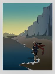 1girl :d akari_(pokemon) beach black_pantyhose black_sash blue_eyes blue_hair blue_jacket blue_sky border brown_footwear cliff dark_blue_hair floating_hair floating_scarf full_body galaxy_expedition_team_survey_corps_uniform gradient_clothes gradient_skirt gradient_sky headscarf highres jacket kneehighs layered_legwear long_hair loose_socks miniskirt multicolored_sky nintendo open_mouth outdoors pantyhose pokemon pokemon_legends:_arceus red_scarf sash scarf shadow shichibee_(stm_mimi) skirt sky smile socks solo walking water white_border white_headscarf white_socks yellow_sky