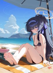 1girl absurdres ass bags_under_eyes barefoot beach bikini black_bikini black_hair blue_archive blue_eyes blue_sky blush book breasts cleavage day feet full_body hair_between_eyes hairband halo highres jewelry knees_up long_hair looking_at_viewer necklace official_alternate_costume sky small_breasts soles solo starfish summer swimsuit toes ui_(blue_archive) ui_(swimsuit)_(blue_archive) very_long_hair xiaoyu_chiaki