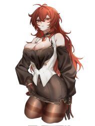 Rule 34 | 1girl, black bra, black choker, blush, bra, breasts, brown dress, brown gloves, brown pantyhose, choker, closed mouth, diluc (genshin impact), dress, genderswap, genderswap (mtf), genshin impact, gloves, hair between eyes, highres, long hair, long sleeves, medium breasts, pantyhose, red eyes, red hair, solo, underwear, zehuij
