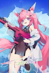 1girl animal_ear_fluff animal_ears bad_source bare_shoulders blue_sky bow bowtie character_name china_dress chinese_clothes dress fang fox_ears fox_girl gradient_hair gun hair_between_eyes hair_ornament highres holding holding_gun holding_weapon indie_virtual_youtuber jacket long_bangs long_hair long_sleeves looking_at_viewer multicolored_hair official_art open_clothes open_jacket open_mouth outdoors pink_hair purple_eyes sidelocks sky smile solo standing teletha_(vtuber) thighhighs twintails very_long_hair virtual_youtuber water weapon white_jacket white_thighhighs
