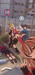 Rule 34 | 5girls, absurdres, antler ribbon, breasts, ceres fauna, ceres fauna (goth), chain-link fence, choker, commentary, emo fashion, english commentary, fence, full body, google maps, google street view, goth fashion, green hair, hair over one eye, hakos baelz, high school girls posing for google street view (meme), highres, hololive, hololive english, holopromise, irys (gaming casual) (hololive), irys (hololive), large breasts, lying, meme, multiple girls, nanashi mumei, nanashi mumei (emo), official alternate costume, on stomach, ouro kronii, overhead line, photo-referenced, photo background, psypolo d, raised curb, road sign, sidewalk, sign, standing, standing on one leg, tactile paving, tree horns, v, virtual youtuber, w, yellow eyes
