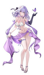 1girl absurdres alternate_costume bare_legs bare_shoulders bikini bikini_top_only bow breasts bug butterfly castorice_(honkai:_star_rail) cleavage collarbone commentary convenient_censoring elbow_gloves fingernails full_body gloves groin hair_between_eyes hair_bow hasom highres honkai:_star_rail honkai_(series) insect large_breasts legs long_hair looking_at_viewer nail_polish navel pointy_ears purple_bow purple_butterfly purple_eyes purple_gloves purple_hair purple_nails purple_sarong sandals sarong sidelocks simple_background single_elbow_glove solo stomach strappy_heels swimsuit thigh_gap thighs toenail_polish toenails toes very_long_hair white_background white_bikini