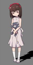 1girl aged_down brown_eyes brown_hair child closed_mouth do_m_kaeru dress full_body hair_ribbon jewelry looking_at_viewer mole mole_under_mouth necklace persona persona_1 ribbon shadow short_hair simple_background skirt solo sonomura_maki stuffed_animal stuffed_toy teddy_bear twitter_username white_dress