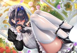 1girl absurdres apron ass black_dress black_shoes blue_eyes blue_hair blush braid breasts closed_mouth dress highres hololive hololive_english jagoo large_breasts looking_at_viewer maid maid_apron mary_janes official_alternate_costume official_alternate_hairstyle ouro_kronii ouro_kronii_(maid) shoes solo thighhighs twin_braids virtual_youtuber white_apron white_thighhighs
