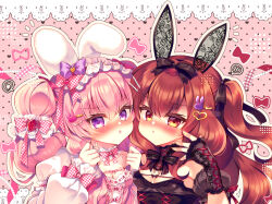 2girls :t animal_ears black_bow black_dress blush bow breasts brown_hair closed_mouth commentary_request dress fake_animal_ears hair_between_eyes hair_bow hair_ornament hairclip hand_up hands_up heart heart_hair_ornament lilia_chocolanne long_sleeves multiple_girls nose_blush original outline pink_background pink_dress plaid_bow polka_dot polka_dot_background pout puffy_long_sleeves puffy_sleeves purple_bow rabbit_ears rabbit_hair_ornament red_eyes small_breasts suzunone_rena two_side_up white_outline