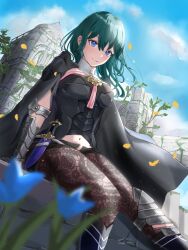 1girl armor black_armor blue_eyes blue_hair blush bodice breasts bustier cape cleavage closed_mouth clothing_cutout dagger female_byleth_(fire_emblem) fire_emblem fire_emblem:_three_houses hair_between_eyes highres knife long_hair looking_at_viewer medium_breasts medium_hair mugitoro_(dsfv2277) navel navel_cutout nintendo pantyhose pantyhose_under_shorts patterned_legwear print_pantyhose shorts smile solo vambraces weapon