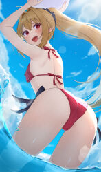 1girl absurdres arms_up asigaru3000 ass ball beachball bikini blonde_hair blue_sky fang frilled_bikini_top from_below hair_intakes hair_ornament hair_scrunchie highres hikikomari_kyuuketsuki_no_monmon holding holding_ball holding_beachball looking_back open_mouth pointy_ears ponytail red_bikini red_eyes scrunchie side-tie_bikini_bottom sidelocks sky swimsuit terakomari_gandezblood wading water