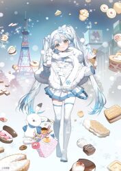 1girl 2024 animal bag blue_bow blue_eyes blue_hair blue_necktie blue_scarf blue_trim boots bow building cake character-themed_food cheese chocolate clock coat colored_tips commentary cookie copyright_notice cracker cream cupcake dessert digital_clock eating food food_request fruit full_body full_mouth fur-trimmed_coat fur_trim gloves hand_up hatsune_miku head_tilt heart heart-shaped_food holding holding_ice_cream_cone holding_spoon ice_cream ice_cream_cone ice_cream_spoon karo_(karohroka) lanyard light_blush logo long_hair looking_at_viewer miniskirt multicolored_hair necktie official_art pie pie_slice pleated_skirt pom_pom_(clothes) pudding rabbit rabbit_yukine sapporo_(city) sapporo_tv_tower scarf seven-segment_display shiny_clothes shopping_bag skirt snowflake_print snowflakes solo sparkle spoon standing strawberry strawberry_slice swiss_roll thigh_boots thighhighs tower tree twintails very_long_hair vocaloid waffle waffle_cone walking white_coat white_gloves white_hair white_headwear white_scarf white_skirt white_thighhighs yuki_miku yuki_miku_(2011) zettai_ryouiki