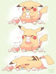 =_= animal_focus artist_name blush blush_stickers commentary_request gen_1_pokemon green_background highres holding_tissue mugita_konomi nintendo no_humans pikachu pokemon pokemon_(creature) sneezing snot tail tearing_up tissue tissue_box used_tissue wavy_mouth
