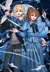 Rule 34 | 1boy, 1girl, absurdres, axis powers hetalia, beauxbatons school uniform, belt, bird, blonde hair, blue capelet, blue jacket, bow, capelet, collared shirt, crown hair ornament, dated, earrings, flower, france (female) (hetalia), france (hetalia), hair bow, happy birthday, harry potter (series), highres, hogwarts school uniform, holding, holding wand, icy suluoluo, jacket, jewelry, long sleeves, low ponytail, medium hair, neck ribbon, necktie, open mouth, pants, parody, ponytail, purple eyes, ribbon, robe, scarf, school uniform, shirt, short ponytail, skirt, smile, sweater, wand, white bird, white shirt, wizarding world