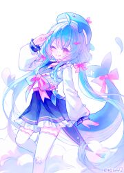 1girl absurdres ahoge artist_name bandaid bandaid_on_knee bandaid_on_leg bandaid_on_tail black_skirt blue_hair blue_hat blue_sailor_collar blush bow bowtie cetacean_tail chinese_commentary closed_mouth commentary_request crossed_bandaids fins fish_hair_ornament fish_tail frilled_skirt frills hair_bow hair_ornament hat highres long_hair long_sleeves looking_at_viewer low_twintails mibai_yume one_eye_closed original pink_bow pink_bowtie red_eyes sailor_collar salute shirt shirt_tucked_in skirt solo standing standing_on_one_leg tail tail_bow tail_ornament thighhighs tongue tongue_out twintails two-finger_salute very_long_hair whale_girl whale_hat white_background white_shirt white_thighhighs