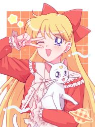 1girl aino_minako artemis_(sailor_moon) bishoujo_senshi_sailor_moon blonde_hair blue_eyes blush bow cat earrings jewelry long_hair long_sleeves looking_at_viewer one_eye_closed red_bow simple_background star_(symbol) v very_long_hair white_cat wink yumemexx