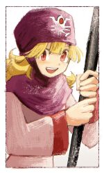 1girl blonde_hair blush dragon_quest dragon_quest_ii dress highres holding holding_staff hood long_hair long_sleeves looking_at_viewer magainu open_mouth princess princess_of_moonbrook red_eyes robe smile staff white_background