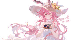 Rule 34 | 1girl, absurdres, animal ears, blush, bow, bowtie, camera, commission, dress, ears through headwear, facing viewer, grin, hat, hat ribbon, highres, holding, holding camera, honkai (series), honkai impact 3rd, lixiang guo alice, pink hair, rabbit ears, ribbon, simple background, smile, solo, straw hat, upper body, white background, white bow, white bowtie, white dress, white ribbon, yae sakura