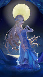 1girl absurdres armlet bare_shoulders blonde_hair blue_dress blue_eyes cave circlet closed_mouth detached_sleeves dress earrings eyelashes fingernails flower full_body full_moon gown hair_flower hair_ornament hand_on_own_chest happy highres infinity_nikki jewelry kohanai_setsuna lipstick long_dress long_hair long_sleeves makeup moon necklace night night_sky nikki_(series) offering_hand outdoors outstretched_hand pink_nails pool red_lips scale_print see-through_clothes see-through_sleeves sky smile solo standing star_(sky) starry_sky strapless strapless_dress very_long_hair wading whispers_of_waves_(infinity_nikki) white_flower white_sleeves