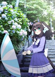 1girl absurdres amane_hikari animal_ears blue_eyes blush breasts commentary_request daring_tact_(umamusume) flower hair_between_eyes hair_ornament highres horse_girl long_hair looking_at_viewer open_mouth photo_background plant school_uniform solo stairs star_(symbol) star_hair_ornament tracen_school_uniform tree umamusume umbrella