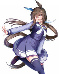 Rule 34 | 1girl, admire vega&#039;s twin sister (umamusume), animal ears, blush, bow, breasts, brown hair, ear covers, hair between eyes, highres, horse ears, horse girl, horse tail, long hair, long sleeves, looking at viewer, low ponytail, open mouth, ponytail, purple eyes, purple shirt, purple skirt, purple thighhighs, ribbon, sailor collar, school uniform, serafuku, shirt, shoes, simple background, skirt, smile, solo, tail, thighhighs, tooto (ryuto333), tracen school uniform, umamusume, white background, white bow