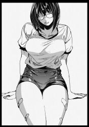 1girl :p bandaid_on_thigh bob_cut breasts buruma glasses greyscale hachinuki_tetsuyo hand_on_own_leg highres jimiko jitome large_breasts mob_face moire monochrome multiple_girls original round_eyewear she_(hachinuki_tetsuyo) short_hair simple_background solo tongue tongue_out white_background