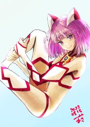 1girl absurdres bare_shoulders bikini blue_background bridal_gauntlets closed_mouth dated fate/grand_order fate_(series) gradient_background helena_blavatsky_(fate) helena_blavatsky_(swimsuit_archer)_(fate) helena_blavatsky_(swimsuit_archer)_(second_ascension)_(fate) highres holding_own_leg knee_up looking_at_viewer multicolored_bikini multicolored_bridal_gauntlets pink_eyes pink_hair red_bikini red_bridal_gauntlets red_thighhighs short_hair simple_background smile solo swimsuit thighhighs tsukaasa two-tone_bikini two-tone_bridal_gauntlets two-tone_thighhighs white_background white_bikini white_bridal_gauntlets white_thighhighs