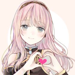 1girl armband armpit_crease bare_shoulders black_shirt black_sleeves blue_eyes blush chest_jewel closed_mouth collared_shirt commentary_request detached_sleeves fingernails gold_trim hairband hands_up headset heart heart_hands high_collar highres long_hair long_sleeves megurine_luka nail_polish orange_background pink_hair pink_nails shirt sidelocks single_detached_sleeve sleeveless sleeveless_shirt smile solo tententuyu upper_body vocaloid
