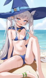 1girl absurdres barefoot beach bikini bikini_pull blue_bikini blue_cape blue_eyes blue_hat blue_sky blush breasts cape clothes_pull commentary_request commission day fang grey_hair hat highres loloco long_hair looking_at_viewer micro_bikini navel ocean open_mouth original outdoors pixiv_commission pointy_ears sitting sky small_breasts smile solo sweat swimsuit twintails witch_hat
